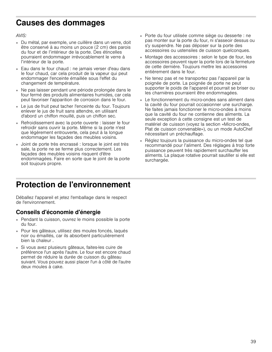 Causes des dommages, Avis, Protection de l'environnement | Conseils d'économie d'énergie, Vironnement conseils d'économie d'énergie | Bosch HMC80251UC User Manual | Page 39 / 100