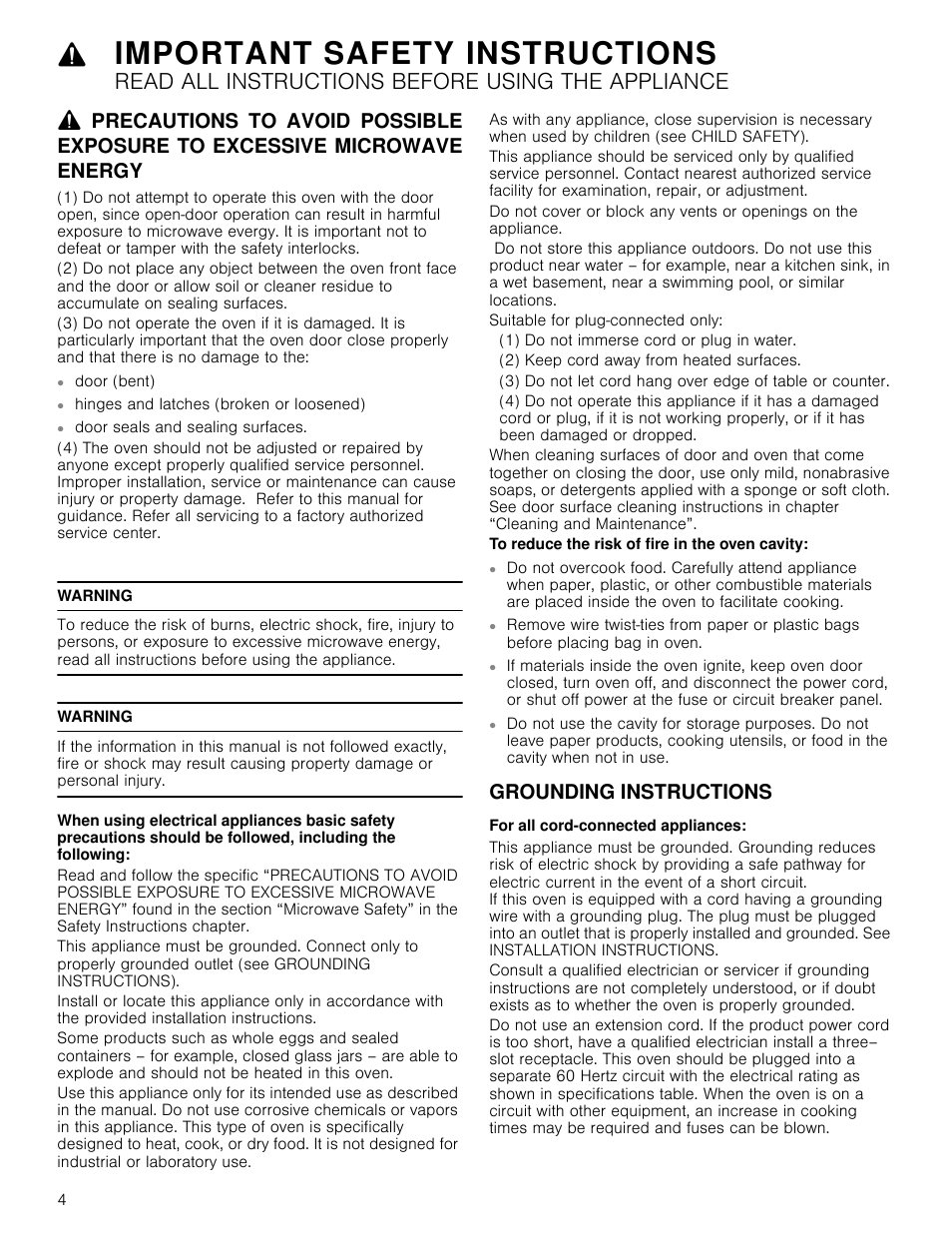 Important safety instructions, Read all instructions before using the appliance, Hinges and latches (broken or loosened) | Warning, Suitable for plug-connected only, 1) do not immerse cord or plug in water, 2) keep cord away from heated surfaces, To reduce the risk of fire in the oven cavity, Grounding instructions, For all cord-connected appliances | Bosch HMC80251UC User Manual | Page 4 / 100