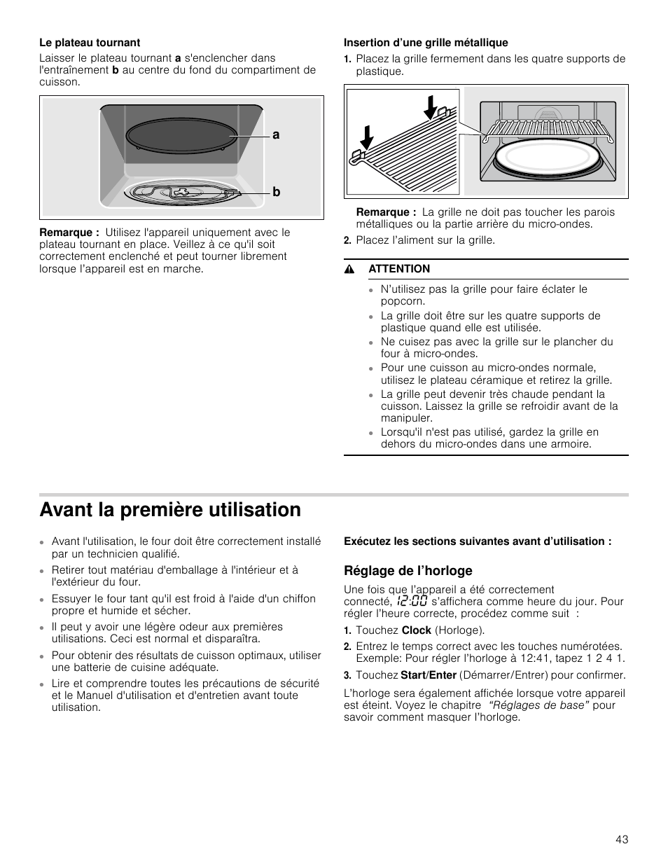 Le plateau tournant, Remarque, Insertion d’une grille métallique | Placez l’aliment sur la grille, 9 attention, Avant la première utilisation, Réglage de l’horloge, Touchez clock (horloge), Emière utilisation réglage de l’horloge | Bosch HMC80251UC User Manual | Page 43 / 100