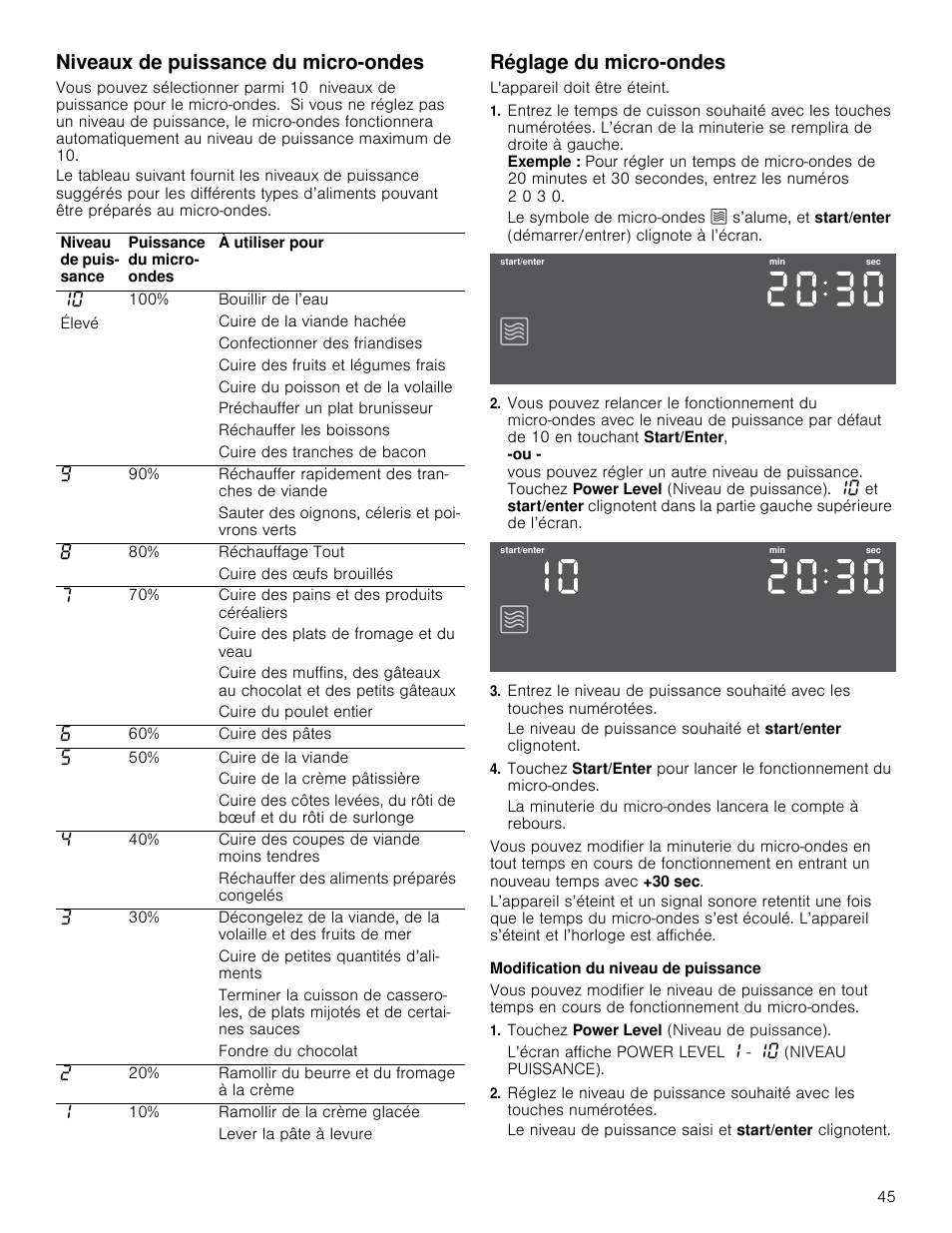 Niveaux de puissance du micro-ondes, Réglage du micro-ondes, L'appareil doit être éteint | Modification du niveau de puissance, Touchez power level (niveau de puissance) | Bosch HMC80251UC User Manual | Page 45 / 100