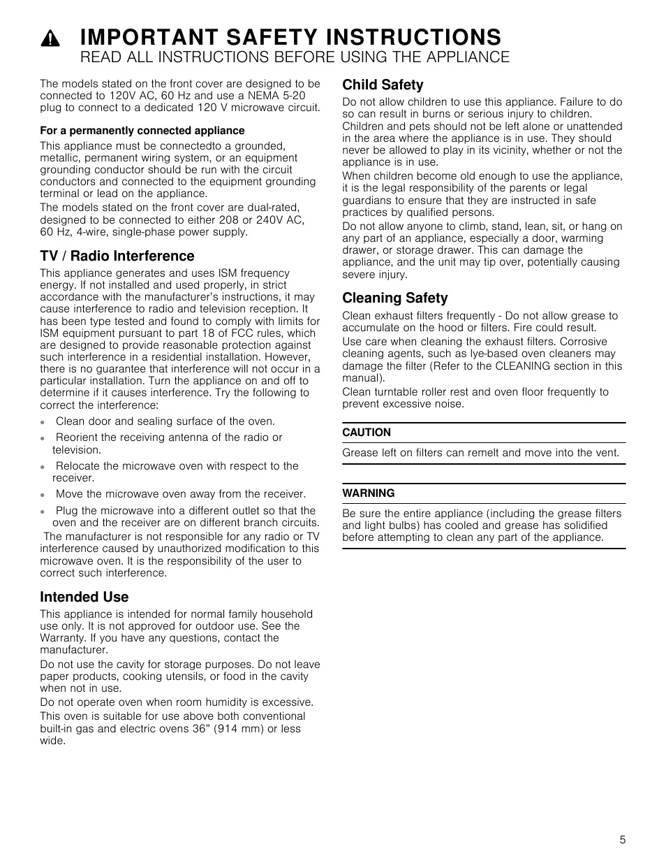 For a permanently connected appliance, Tv / radio interference, Move the microwave oven away from the receiver | Intended use, Child safety, Cleaning safety, Caution, Warning, Important safety instructions, Read all instructions before using the appliance | Bosch HMC80251UC User Manual | Page 5 / 100