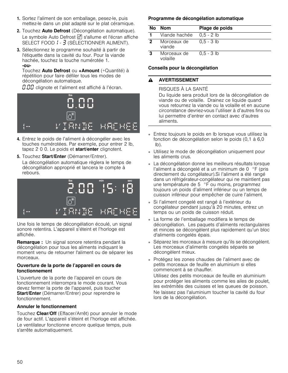 Touchez auto defrost (décongélation automatique), Touchez start/enter (démarrer/entrer), Remarque | Annuler le fonctionnement, Programme de décongélation automatique, Conseils pour la décongélation, 9 avertissement, Risques à la santé | Bosch HMC80251UC User Manual | Page 50 / 100