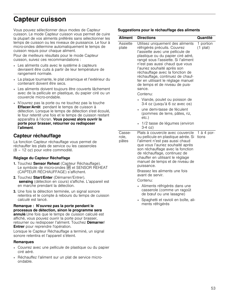 Capteur cuisson, Capteur réchauffage, Réglage du capteur réchaffage | Remarque, Remarques, Suggestions pour le réchauffage des aliments, Teur cuisson capteur réchauffage | Bosch HMC80251UC User Manual | Page 53 / 100
