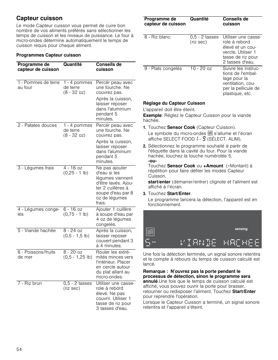 Capteur cuisson, Programmes capteur cuisson, Réglage du capteur cuisson | L'appareil doit être éteint, Touchez sensor cook (capteur cuisson), Touchez start/enter, Remarque | Bosch HMC80251UC User Manual | Page 54 / 100