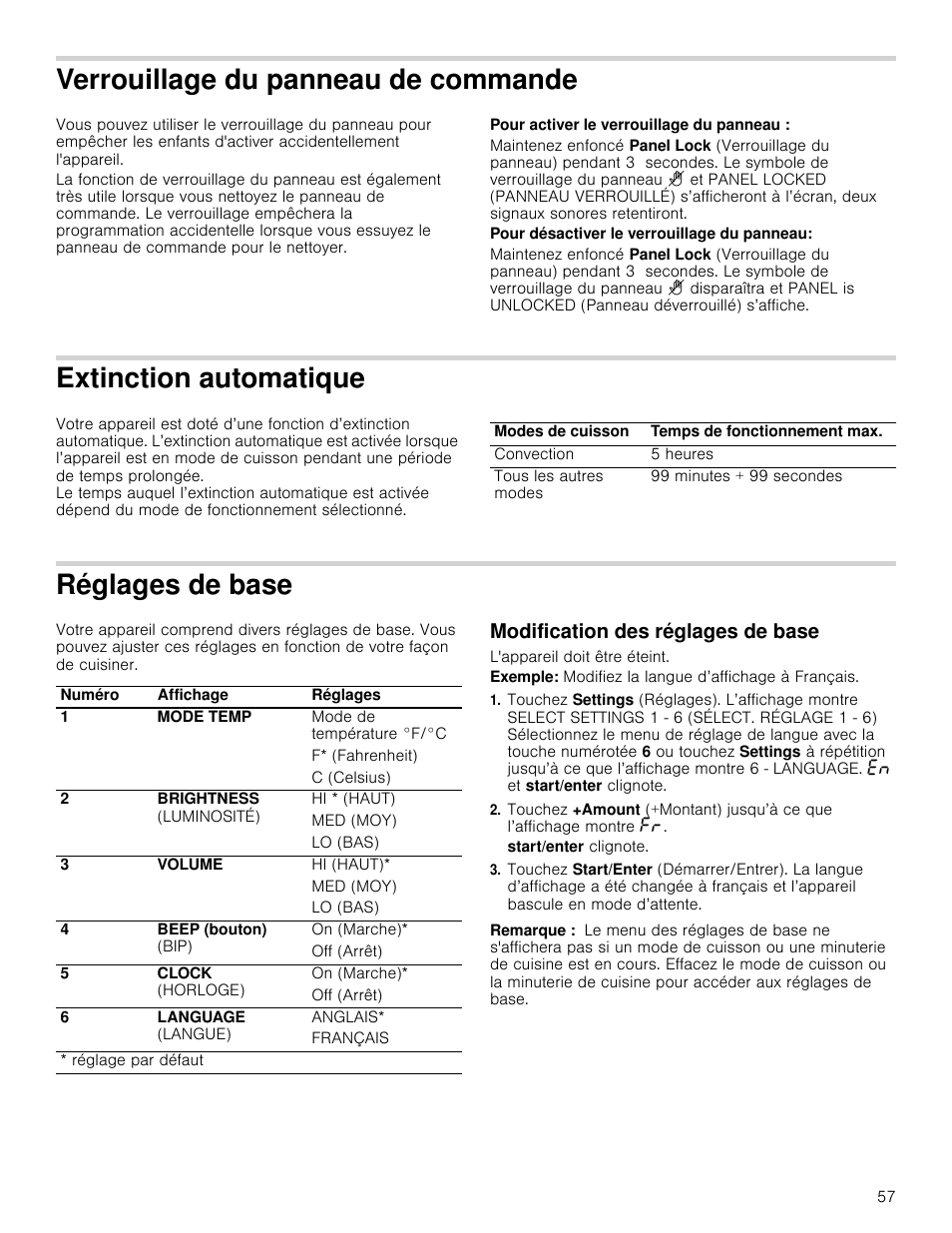 Verrouillage du panneau de commande, Pour activer le verrouillage du panneau, Pour désactiver le verrouillage du panneau | Extinction automatique, Réglages de base, Modification des réglages de base, L'appareil doit être éteint, Exemple: modifiez la langue d’affichage à français, Remarque, E du panneau de commande | Bosch HMC80251UC User Manual | Page 57 / 100