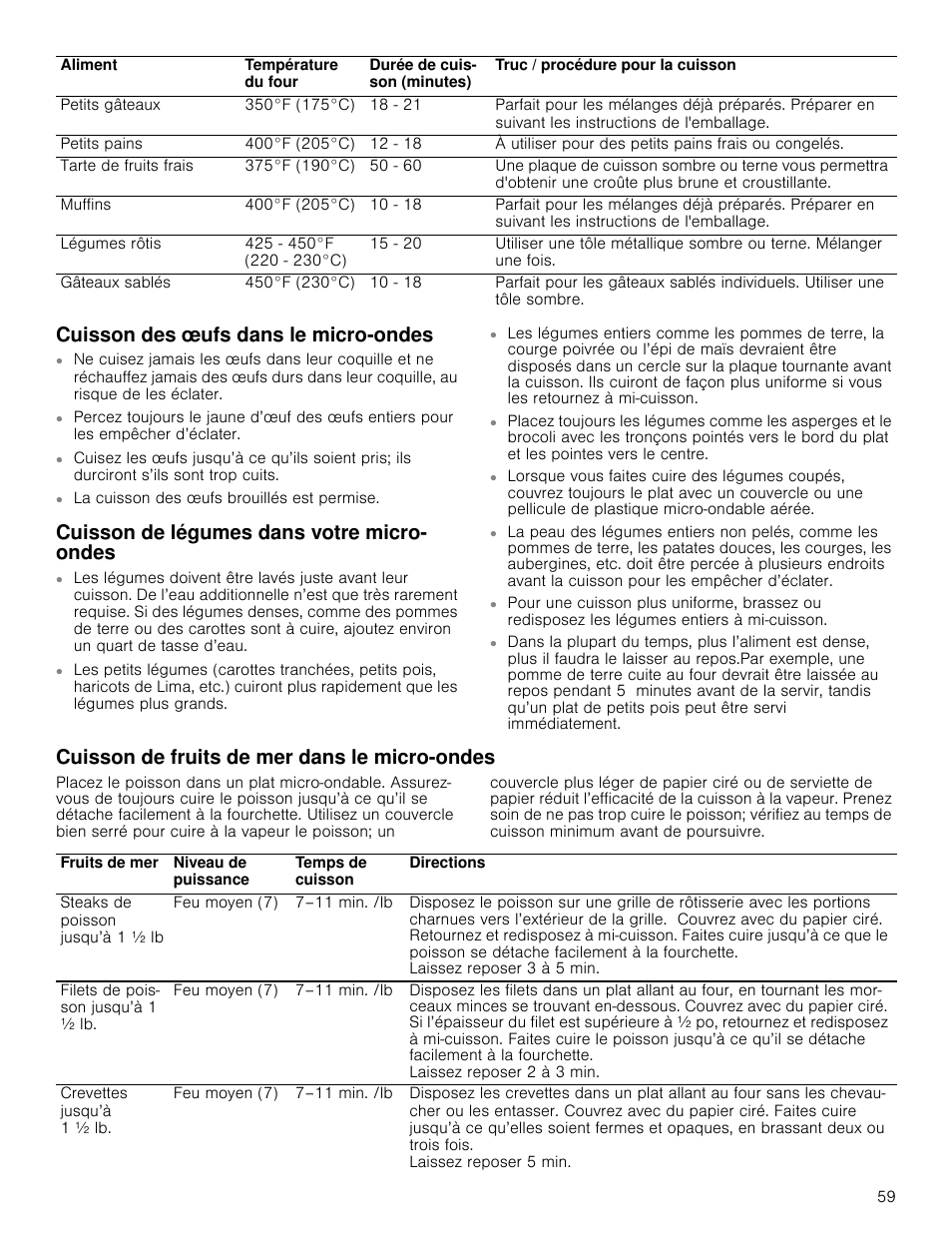 Cuisson des œufs dans le micro-ondes, Cuisson de légumes dans votre micro- ondes, Cuisson de fruits de mer dans le micro-ondes | Bosch HMC80251UC User Manual | Page 59 / 100