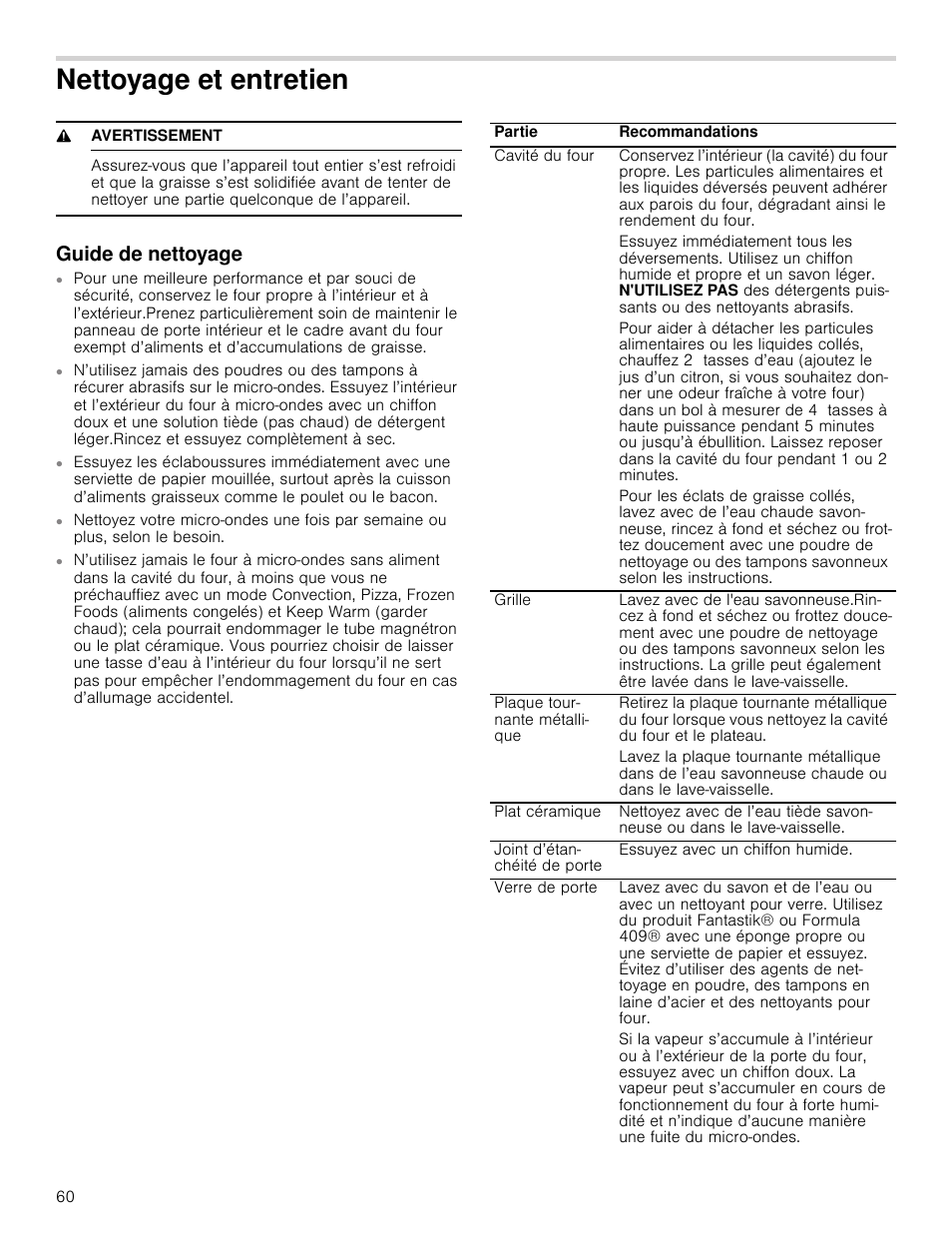 Nettoyage et entretien, 9 avertissement, Guide de nettoyage | Tien guide de nettoyage | Bosch HMC80251UC User Manual | Page 60 / 100