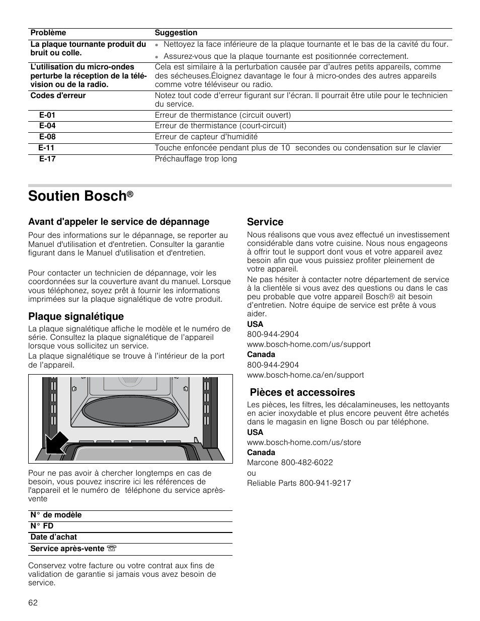 Soutien bosch, Avant d'appeler le service de dépannage, Plaque signalétique | Service, Www.bosch-home.com/us/support, Canada, Www.bosch-home.ca/en/support, Pièces et accessoires, Www.bosch-home.com/us/store, Marcone 800-482-6022 | Bosch HMC80251UC User Manual | Page 62 / 100