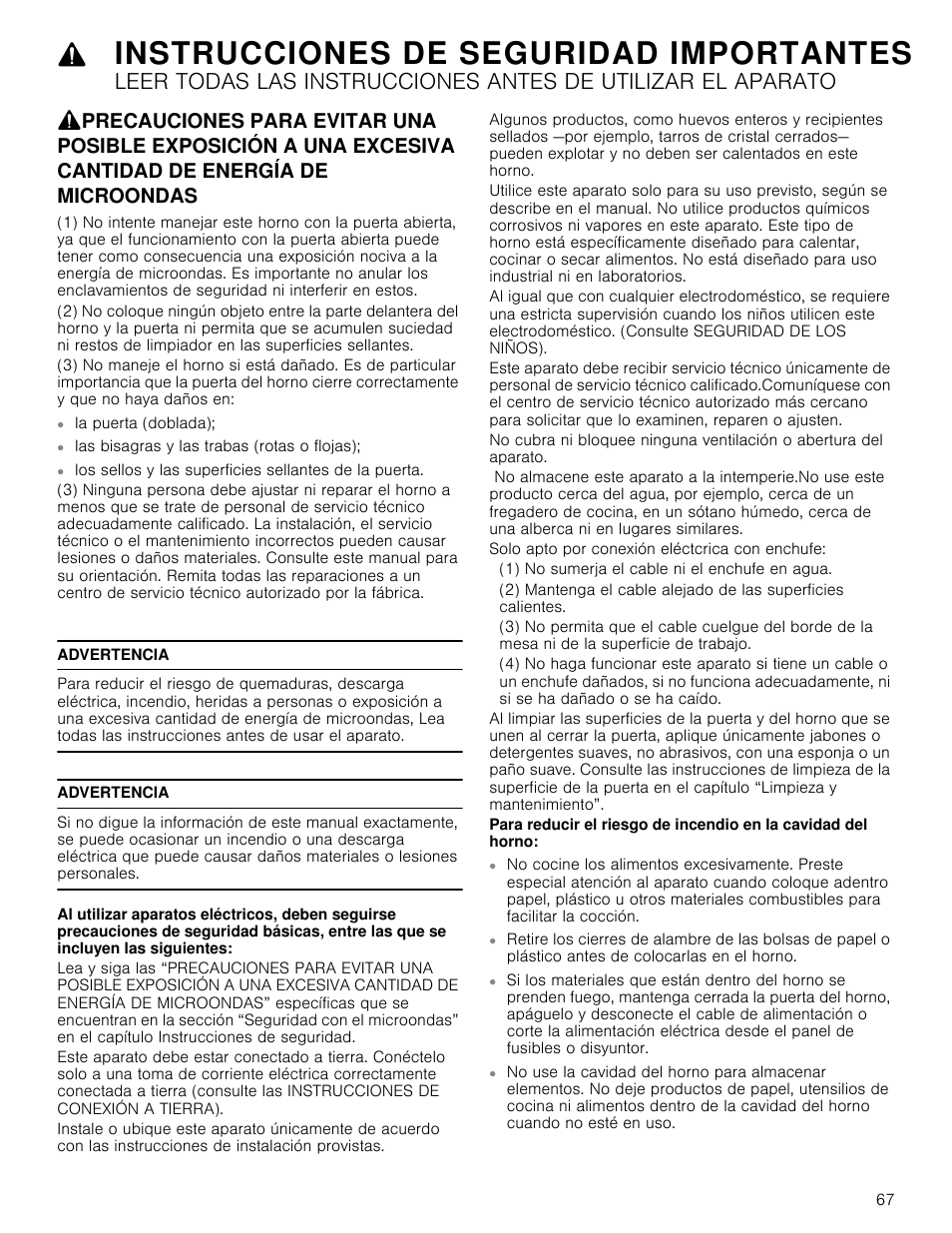 Instrucciones de seguridad importantes, Las bisagras y las trabas (rotas o flojas), Advertencia | Solo apto por conexión eléctcrica con enchufe, 1) no sumerja el cable ni el enchufe en agua, Antes, Energía de microondas, La puerta (doblada) | Bosch HMC80251UC User Manual | Page 67 / 100