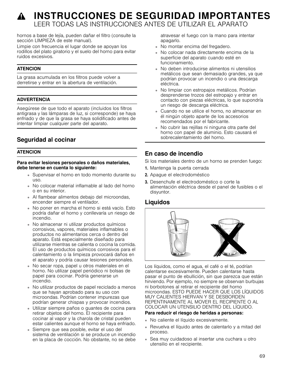 Atencion, Advertencia, Seguridad al cocinar | En caso de incendio, Mantenga la puerta cerrada, Apague el electrodoméstico, Liquidos, Para reducir el riesgo de heridas a personas, Seguridad al cocinar en caso de incendio liquidos, Instrucciones de seguridad importantes | Bosch HMC80251UC User Manual | Page 69 / 100