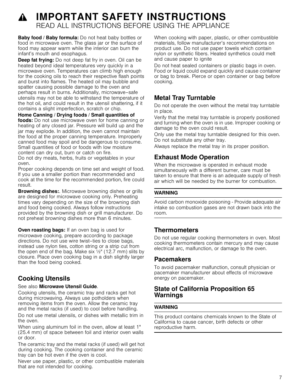 Cooking utensils, See also microwave utensil guide, Metal tray turntable | Exhaust mode operation, Warning, Thermometers, Pacemakers, State of california proposition 65 warnings, Important safety instructions, Read all instructions before using the appliance | Bosch HMC80251UC User Manual | Page 7 / 100