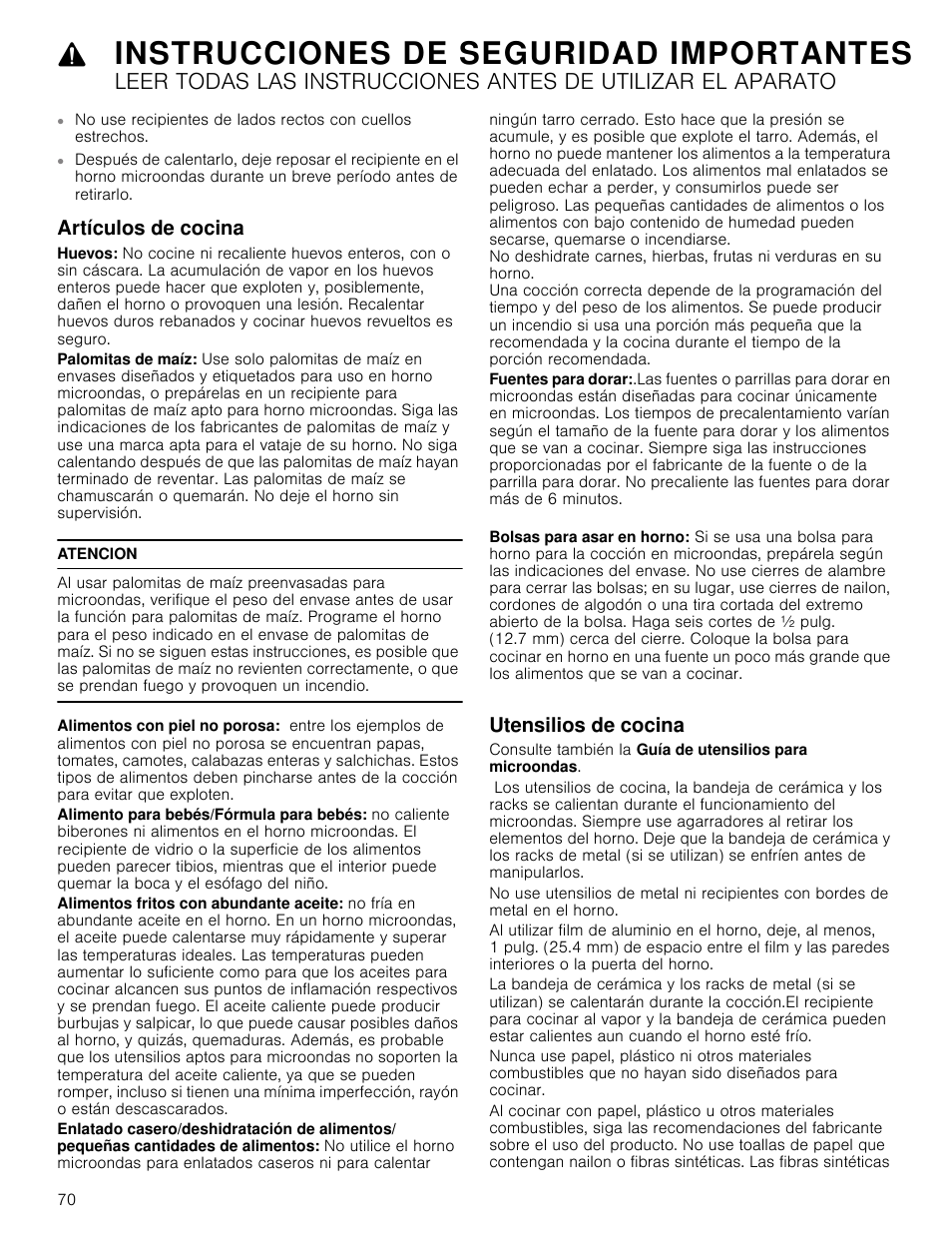 Artículos de cocina, Atencion, Utensilios de cocina | Artículos de cocina utensilios de cocina, Instrucciones de seguridad importantes | Bosch HMC80251UC User Manual | Page 70 / 100