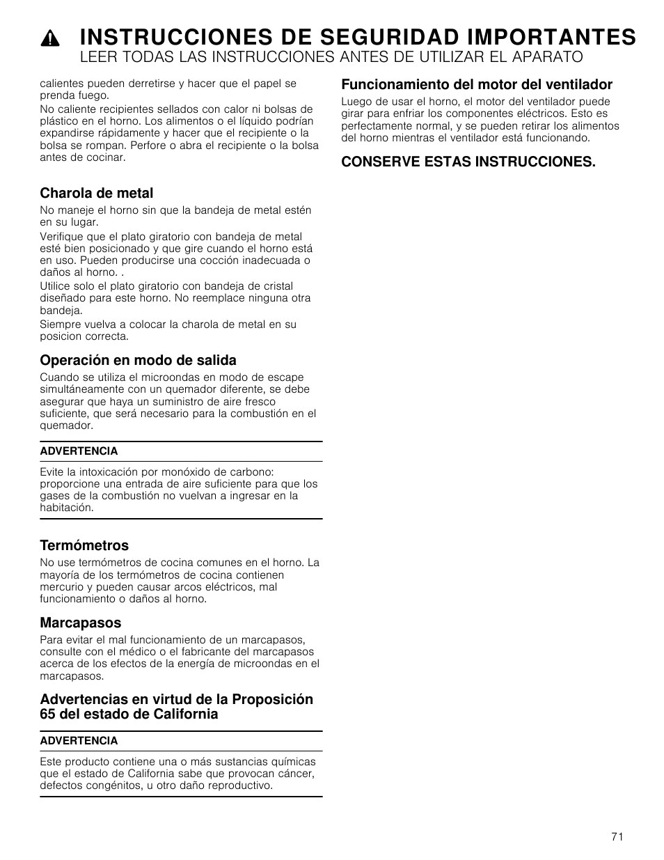 Charola de metal, Operación en modo de salida, Advertencia | Termómetros, Marcapasos, Funcionamiento del motor del ventilador, Conserve estas instrucciones, Instrucciones de seguridad importantes | Bosch HMC80251UC User Manual | Page 71 / 100