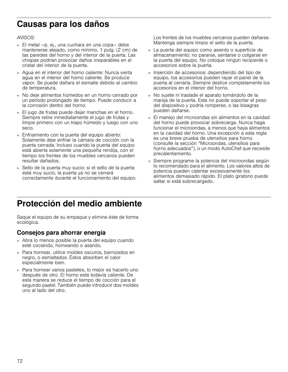 Causas para los daños, Avisos, Protección del medio ambiente | Consejos para ahorrar energía, A los daños | Bosch HMC80251UC User Manual | Page 72 / 100