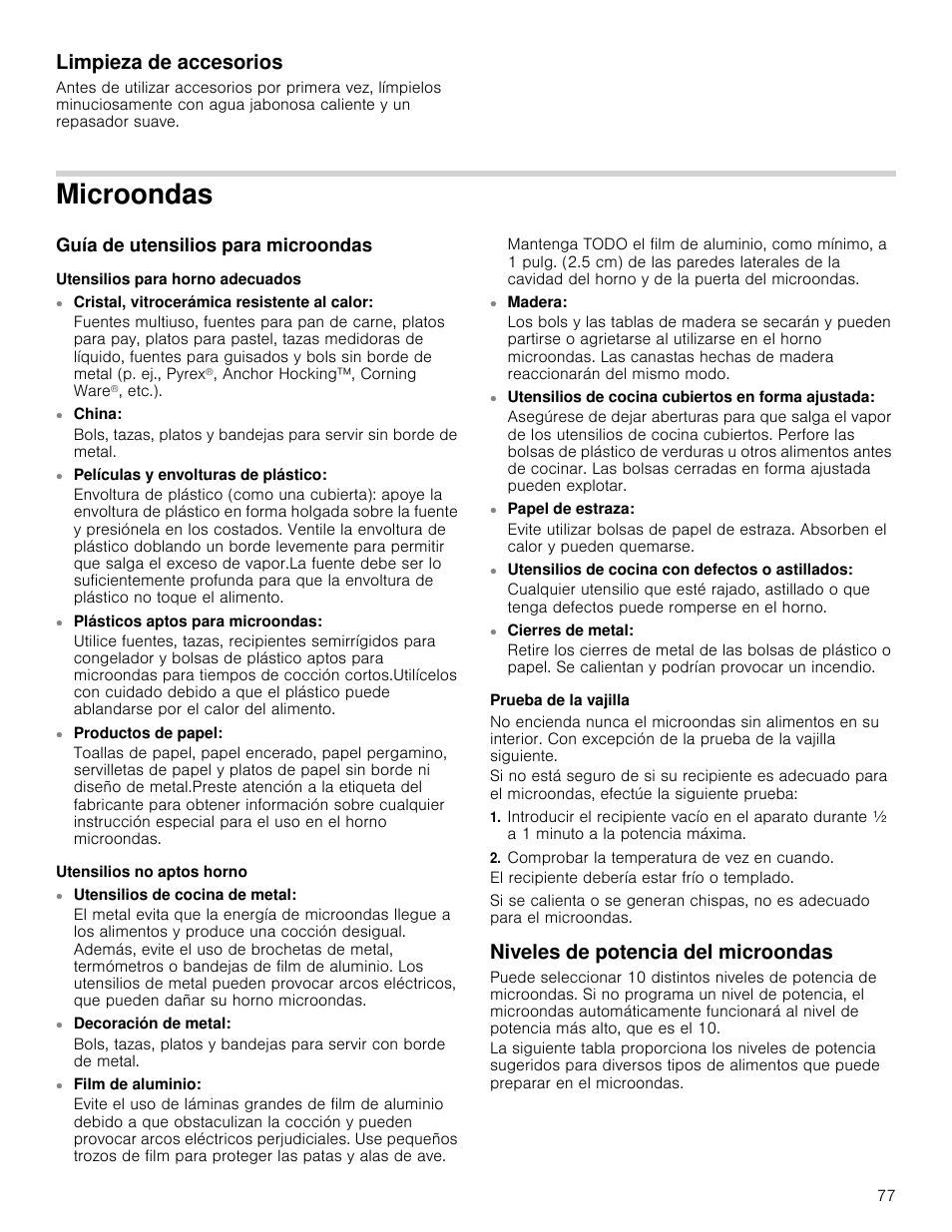 Limpieza de accesorios, Microondas, Guía de utensilios para microondas | Utensilios para horno adecuados, Utensilios no aptos horno, Prueba de la vajilla, Comprobar la temperatura de vez en cuando, Niveles de potencia del microondas | Bosch HMC80251UC User Manual | Page 77 / 100