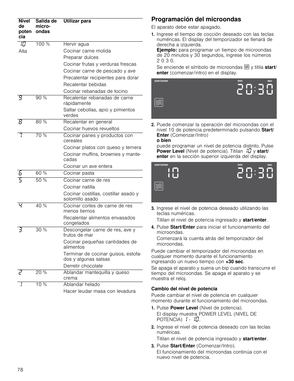 Programación del microondas, El aparato debe estar apagado, Cambio del nivel de potencia | Pulse power level (nivel de potencia), Pulse start/enter (comenzar/intro) | Bosch HMC80251UC User Manual | Page 78 / 100