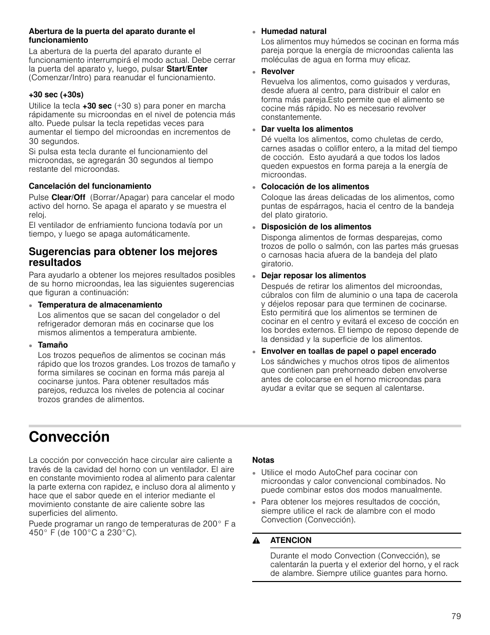 30 sec (+30s), Cancelación del funcionamiento, Sugerencias para obtener los mejores resultados | Convección, Notas, 9 atencion, Ección | Bosch HMC80251UC User Manual | Page 79 / 100