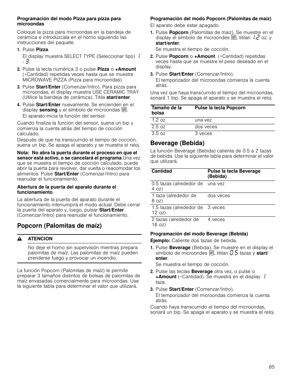 Pulse pizza, Nota, Popcorn (palomitas de maíz) | 9 atencion, Programación del modo popcorn (palomitas de maíz), El aparato debe estar apagado, Pulse start/enter (comenzar/intro), Beverage (bebida), Programación del modo beverage (bebida), Ejemplo: caliente dos tazas de bebida | Bosch HMC80251UC User Manual | Page 85 / 100