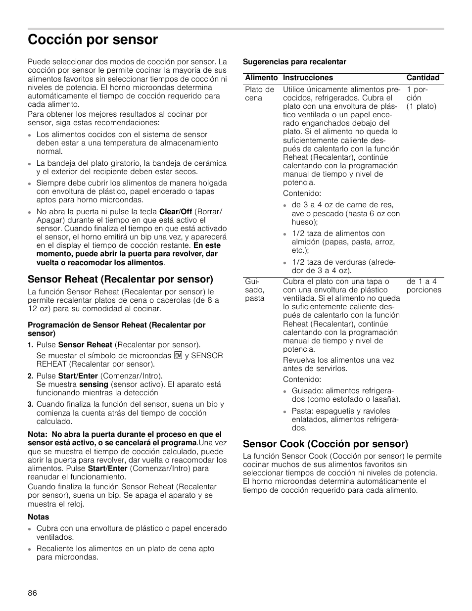 Cocción por sensor, Sensor reheat (recalentar por sensor), Pulse sensor reheat (recalentar por sensor) | Nota, Notas, Sugerencias para recalentar, Sensor cook (cocción por sensor) | Bosch HMC80251UC User Manual | Page 86 / 100