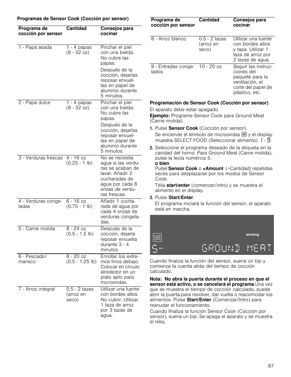 Programas de sensor cook (cocción por sensor), Programación de sensor cook (cocción por sensor), El aparato debe estar apagado | Pulse sensor cook (cocción por sensor), Pulse start/enter, Nota | Bosch HMC80251UC User Manual | Page 87 / 100