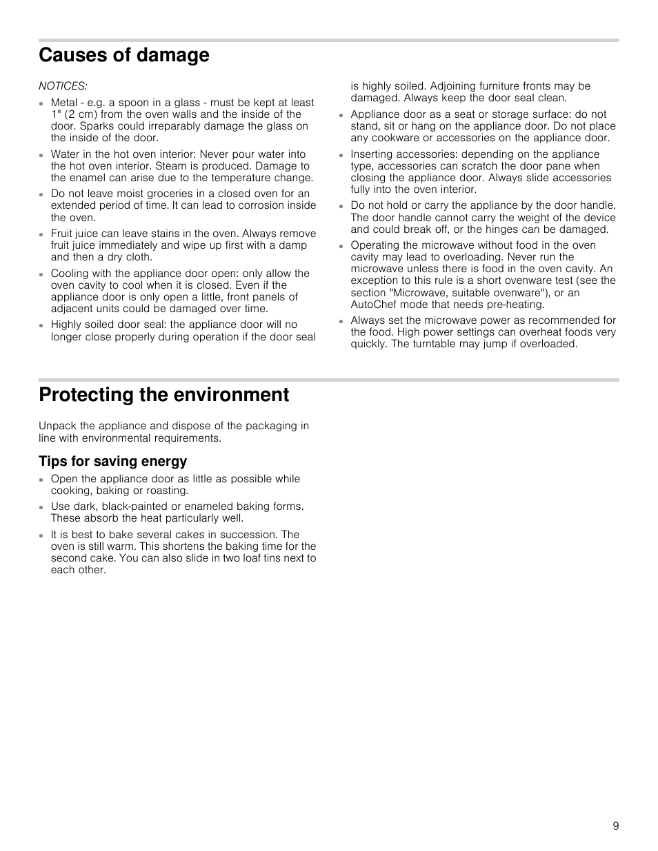 Causes of damage, Notices, Protecting the environment | Tips for saving energy, Vironment tips for saving energy | Bosch HMC80251UC User Manual | Page 9 / 100