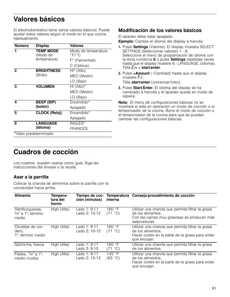 Valores básicos, Modificación de los valores básicos, El aparato debe estar apagado | Ejemplo: cambie el idioma del display a francés, Nota, Cuadros de cocción, Asar a la parrilla | Bosch HMC80251UC User Manual | Page 91 / 100