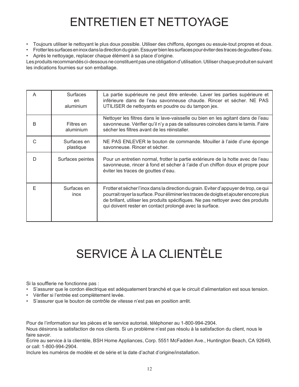 Entretien et nettoyage, Service à la clientèle, Tableau pour l’entretien et le nettoyage | Avant d’appeler pour un service, Pour obtenir un service | Bosch DUH36152UC User Manual | Page 12 / 20