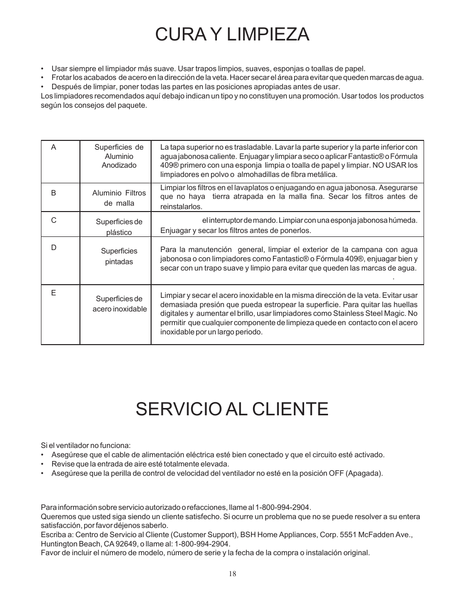 Servicio al cliente, Cura y limpieza, Antes de solicitar servicio | Cómo obtener servicio, Grafico de cura y limpieza | Bosch DUH36152UC User Manual | Page 18 / 20