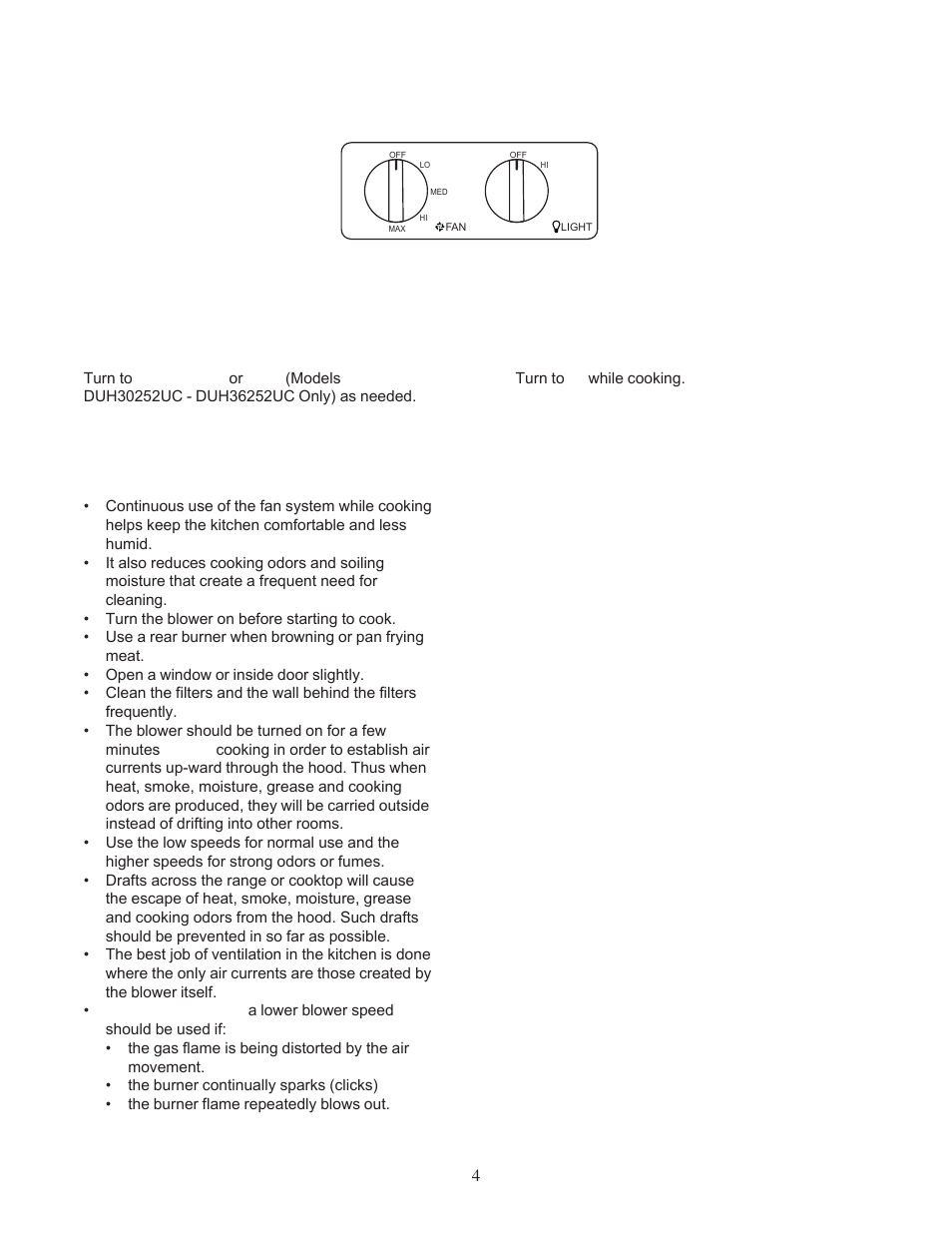 Control knobs fan control, For best results, Light control | Bosch DUH36152UC User Manual | Page 4 / 20