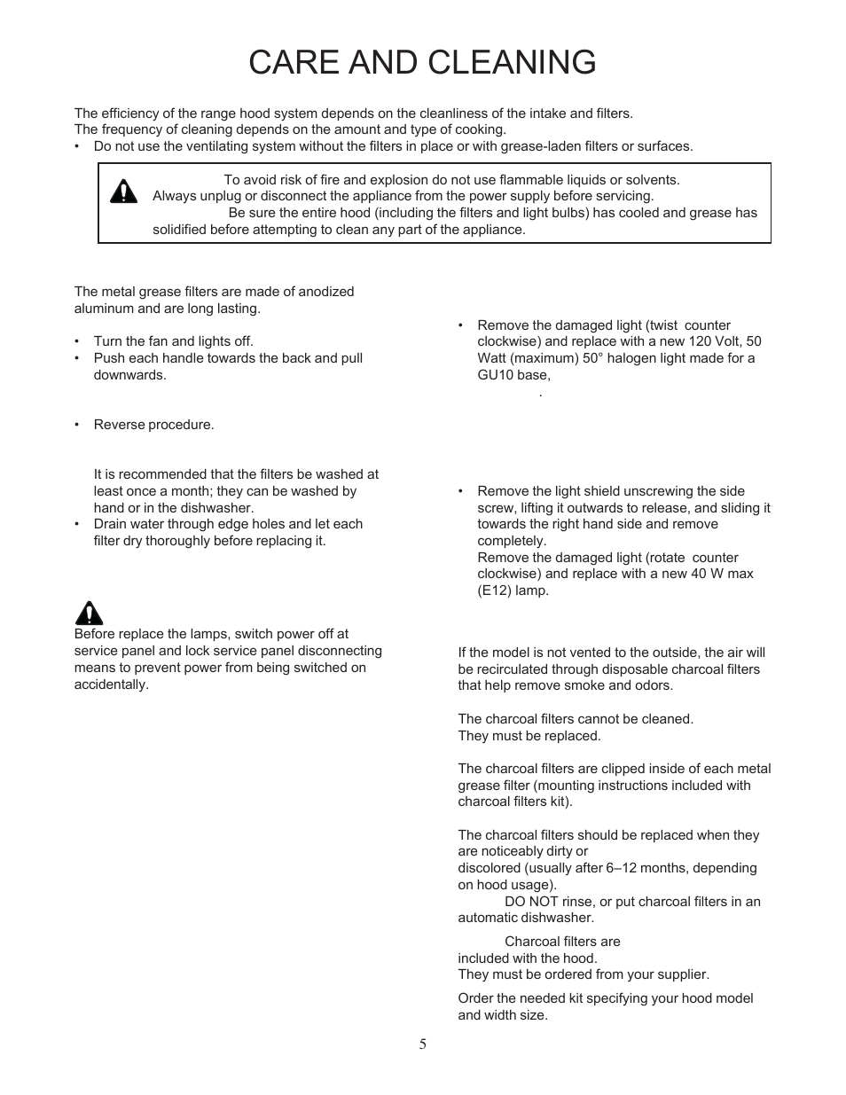 Care and cleaning, Filters, Lights | Replace lights, Optional charcoal filters | Bosch DUH36152UC User Manual | Page 5 / 20