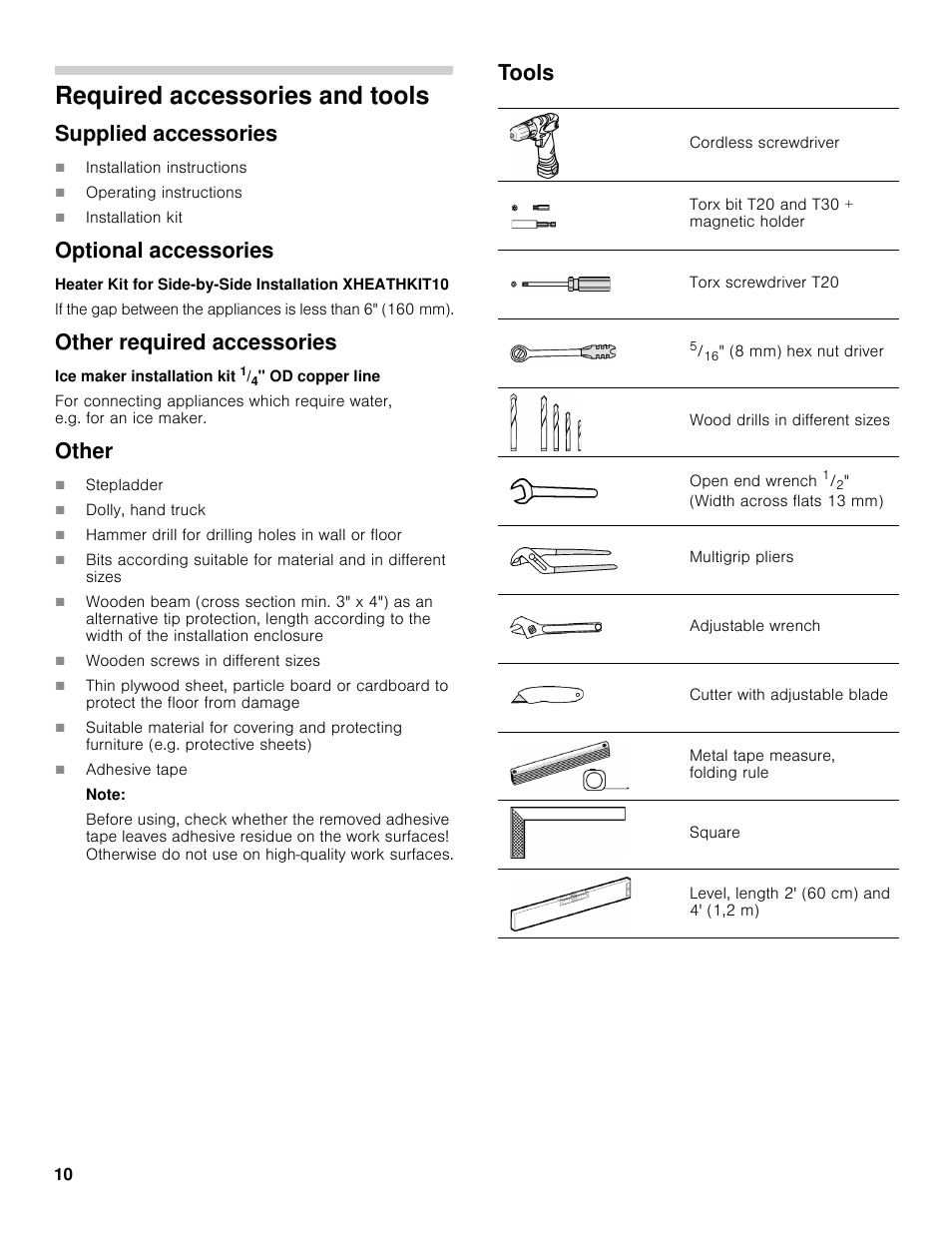 Required accessories and tools, Supplied accessories, Optional accessories | Other required accessories, Other, Tools | Bosch B30IB800SP User Manual | Page 10 / 82