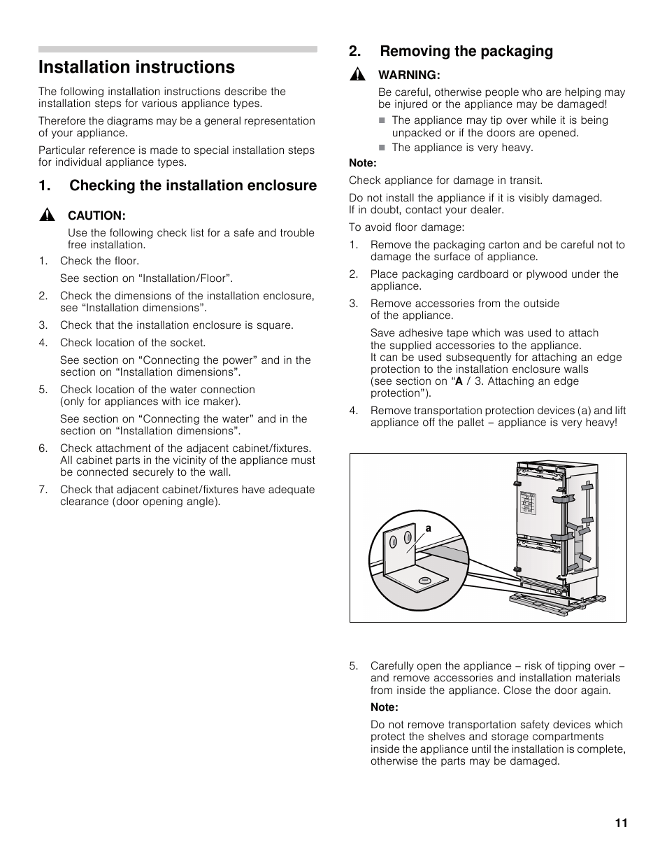 Installation instructions, Checking the installation enclosure, Removing the packaging | Bosch B30IB800SP User Manual | Page 11 / 82