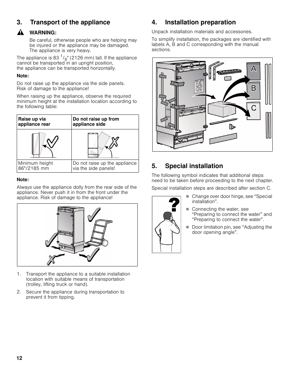 Transport of the appliance, Installation preparation, Special installation | Bosch B30IB800SP User Manual | Page 12 / 82