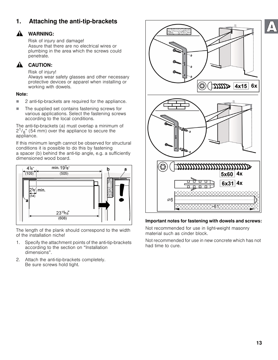 Attaching the anti-tip-brackets | Bosch B30IB800SP User Manual | Page 13 / 82