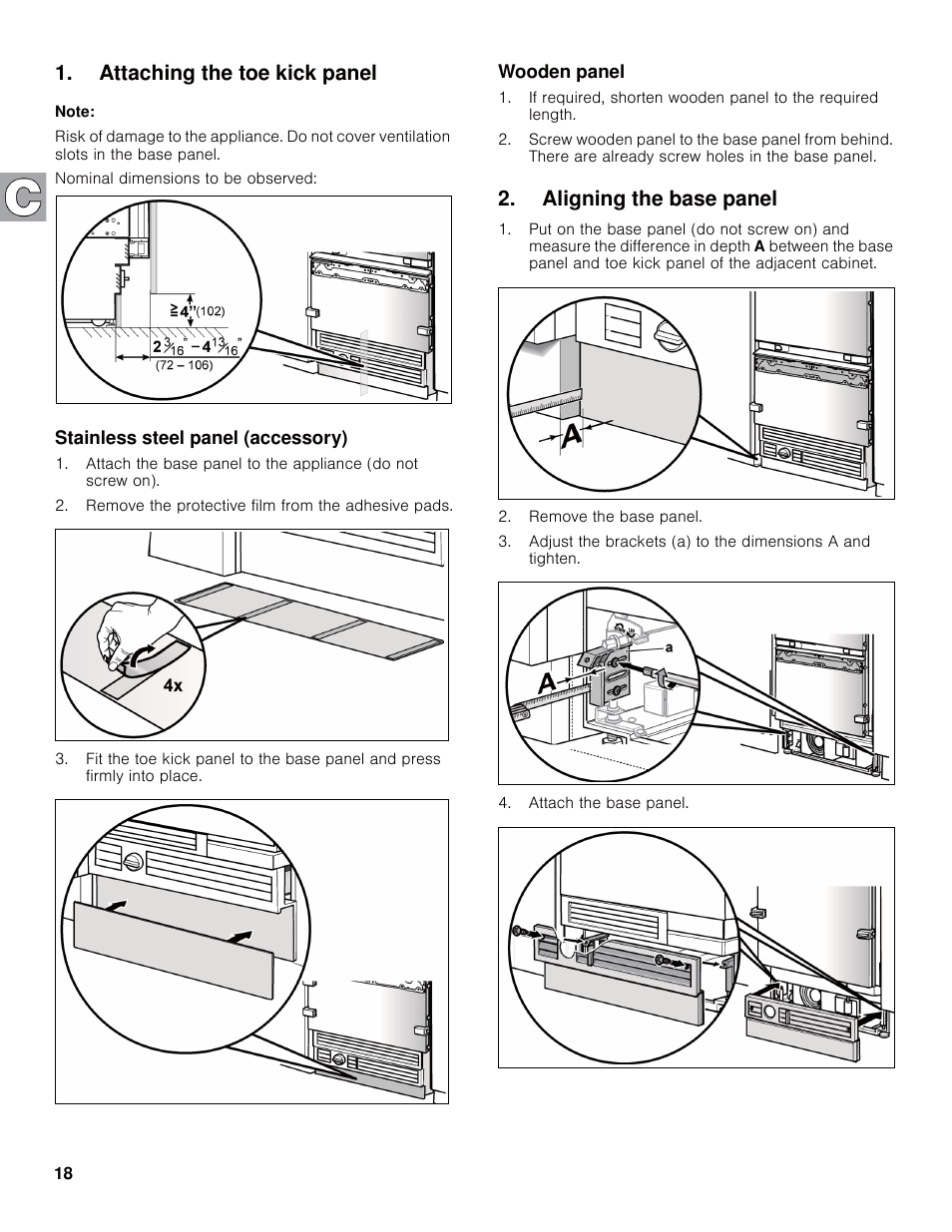 Attaching the toe kick panel, Aligning the base panel | Bosch B30IB800SP User Manual | Page 18 / 82