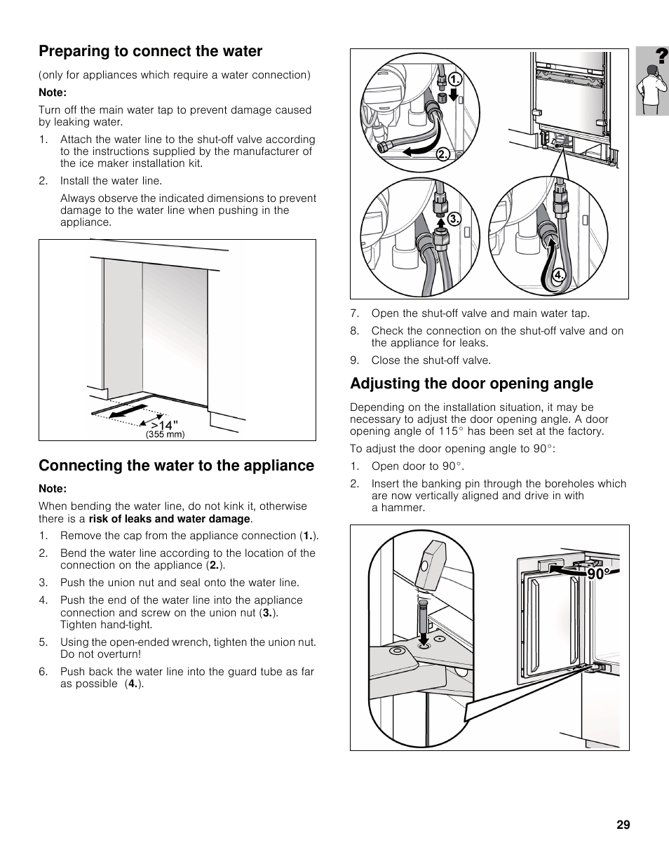 Preparing to connect the water, Connecting the water to the appliance, Adjusting the door opening angle | Bosch B30IB800SP User Manual | Page 29 / 82