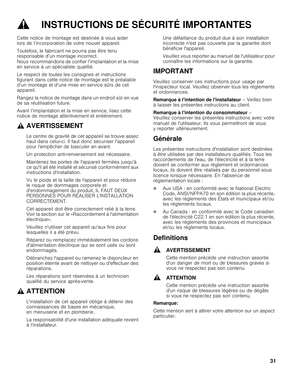 Instructions de sécurité importantes, Avertissement, Attention | Important, Générale, Definitions | Bosch B30IB800SP User Manual | Page 31 / 82