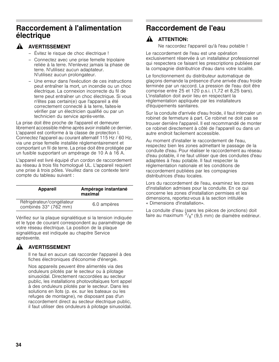 Raccordement à l'alimentation électrique, Raccordement de l'eau | Bosch B30IB800SP User Manual | Page 34 / 82