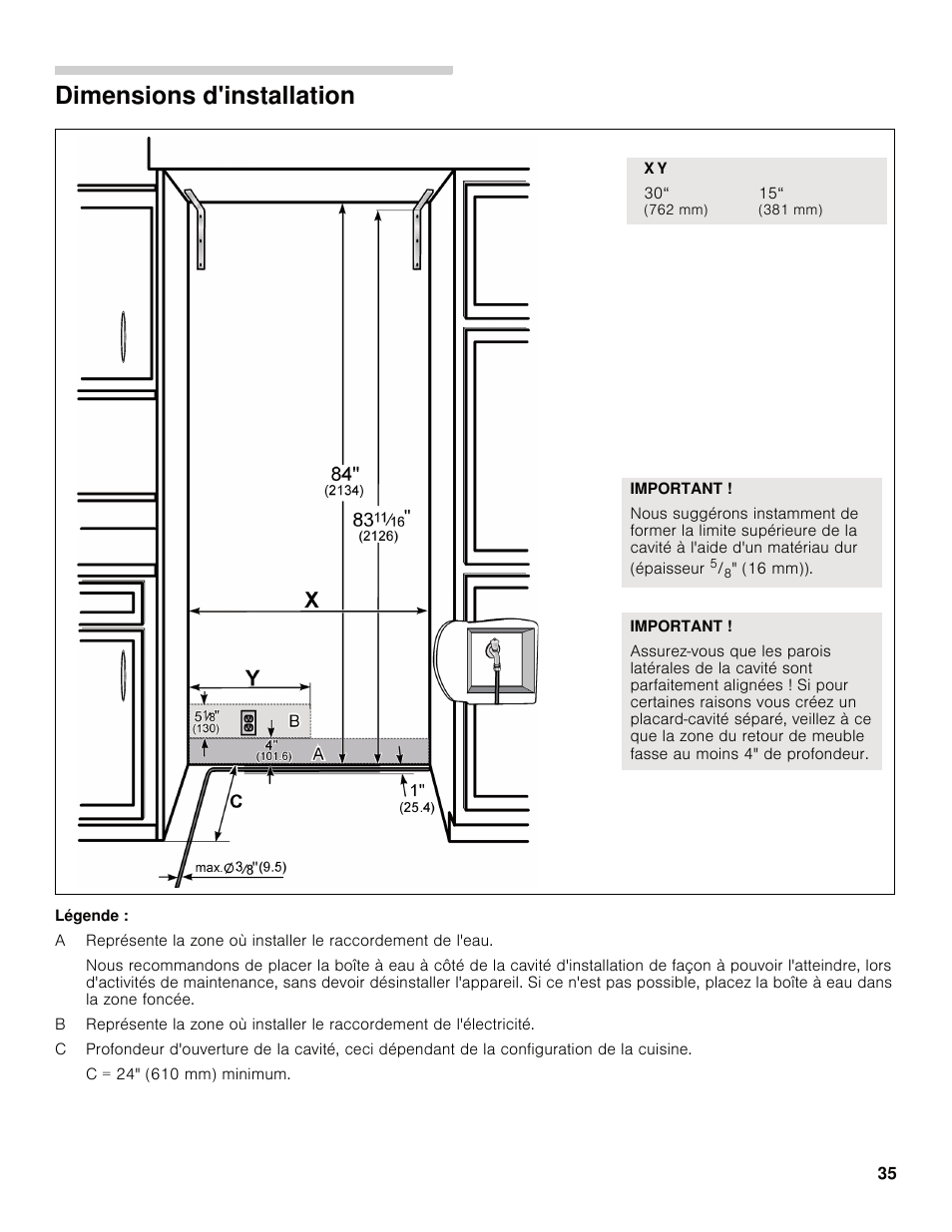 Dimensions d'installation | Bosch B30IB800SP User Manual | Page 35 / 82