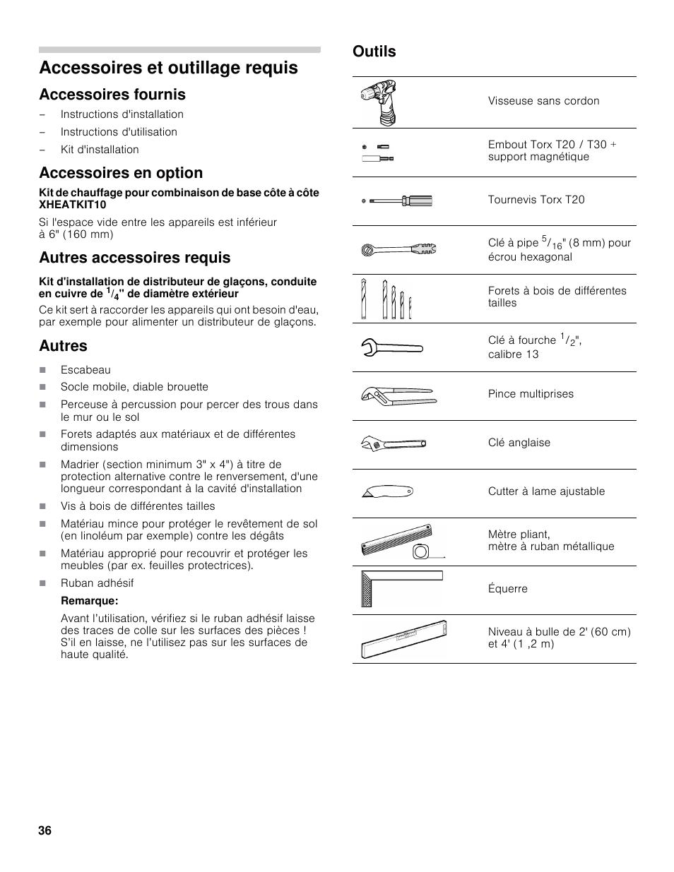 Accessoires et outillage requis, Accessoires fournis, Accessoires en option | Autres accessoires requis, Autres, Outils | Bosch B30IB800SP User Manual | Page 36 / 82