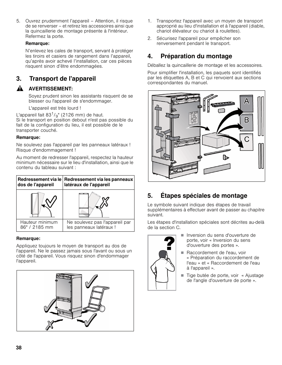 Transport de l'appareil, Préparation du montage, Étapes spéciales de montage | Bosch B30IB800SP User Manual | Page 38 / 82