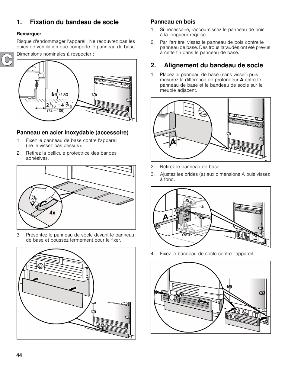 Fixation du bandeau de socle, Alignement du bandeau de socle | Bosch B30IB800SP User Manual | Page 44 / 82