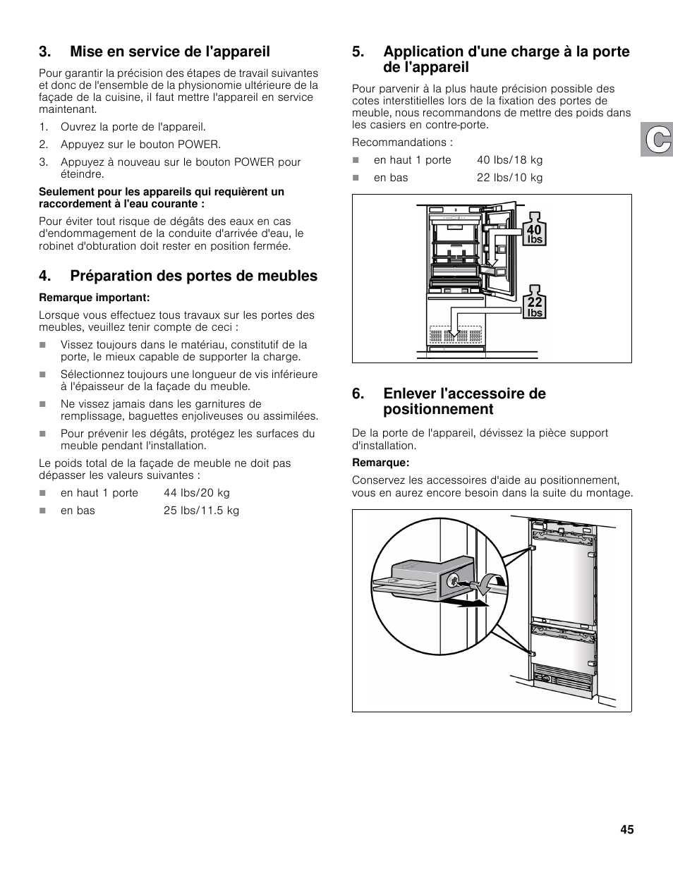 Mise en service de l'appareil, Préparation des portes de meubles, Application d'une charge à la porte de l'appareil | Enlever l'accessoire de positionnement | Bosch B30IB800SP User Manual | Page 45 / 82