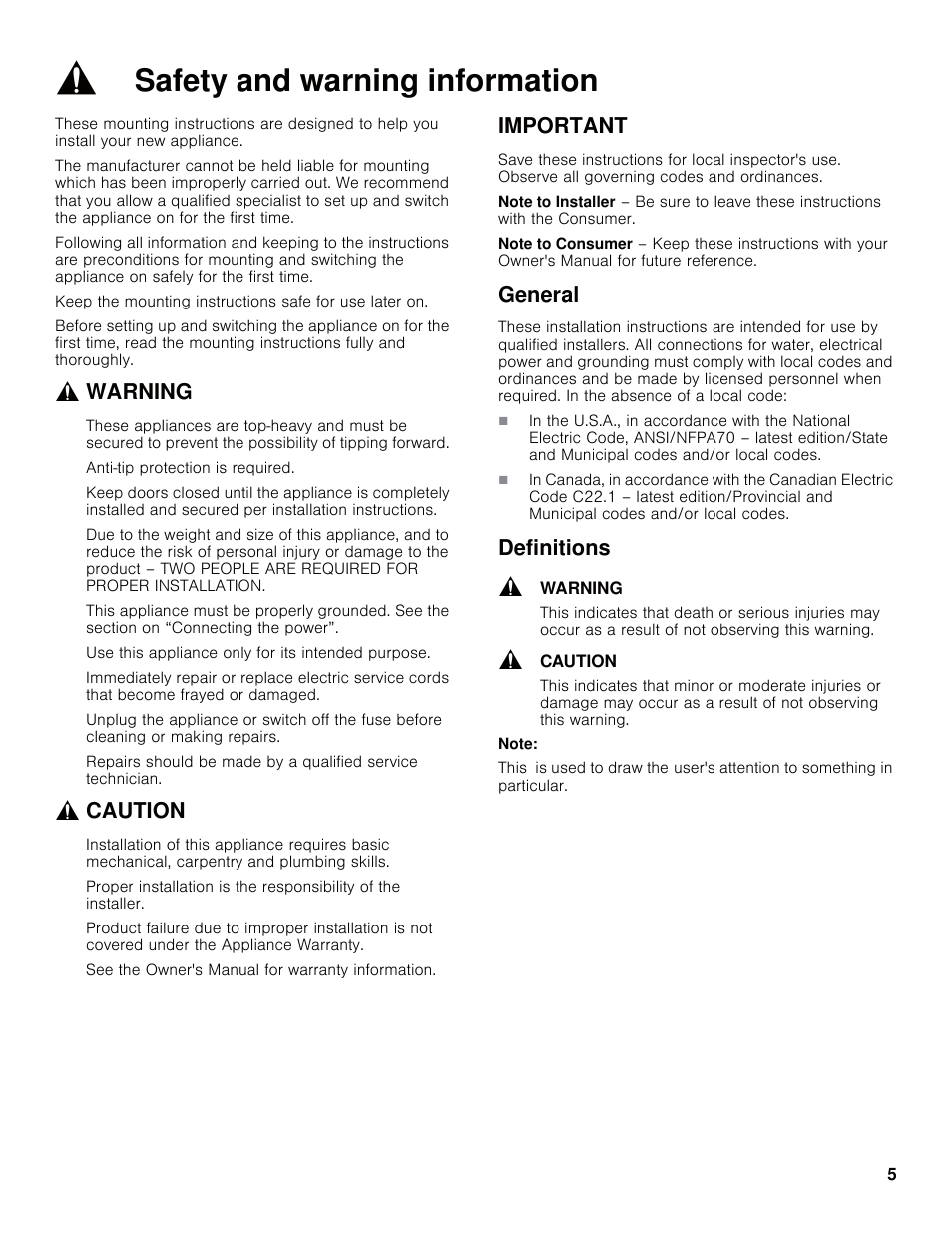 Safety and warning information, Warning, Caution | Important, General, Definitions | Bosch B30IB800SP User Manual | Page 5 / 82