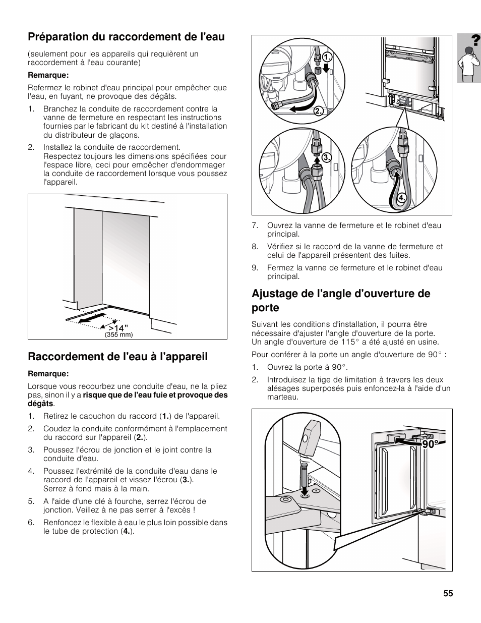 Préparation du raccordement de l'eau, Raccordement de l'eau à l'appareil, Ajustage de l'angle d'ouverture de porte | Bosch B30IB800SP User Manual | Page 55 / 82