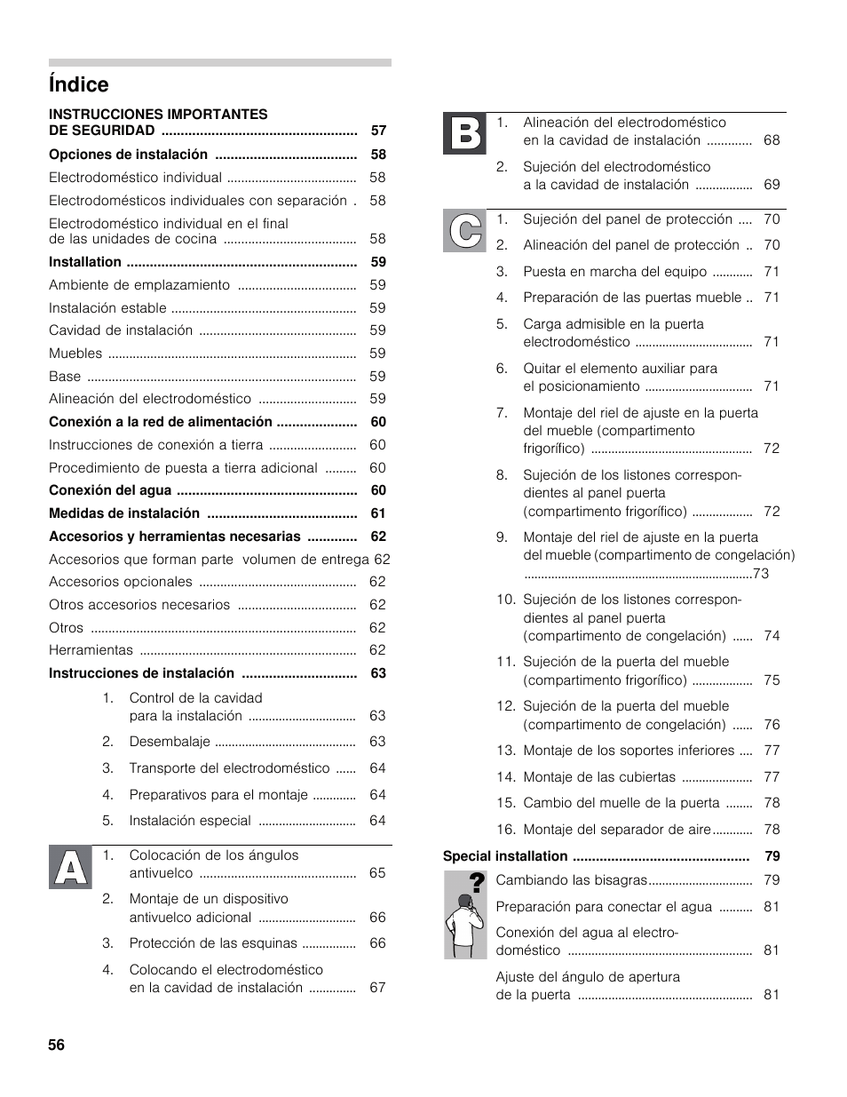 Índice | Bosch B30IB800SP User Manual | Page 56 / 82