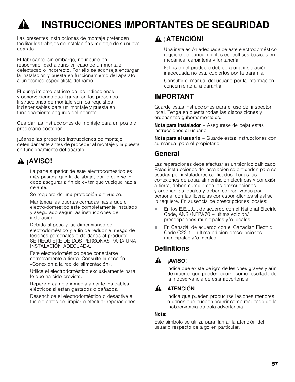 Instrucciones importantes de seguridad, Aviso, Atención | Important, General, Definitions | Bosch B30IB800SP User Manual | Page 57 / 82