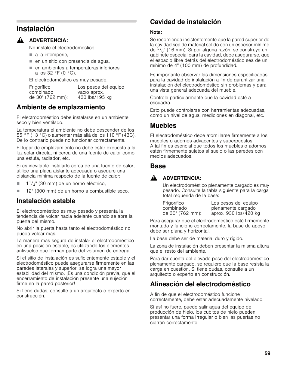 Instalación, Ambiente de emplazamiento, Instalación estable | Cavidad de instalación, Muebles, Base, Alineación del electrodoméstico | Bosch B30IB800SP User Manual | Page 59 / 82