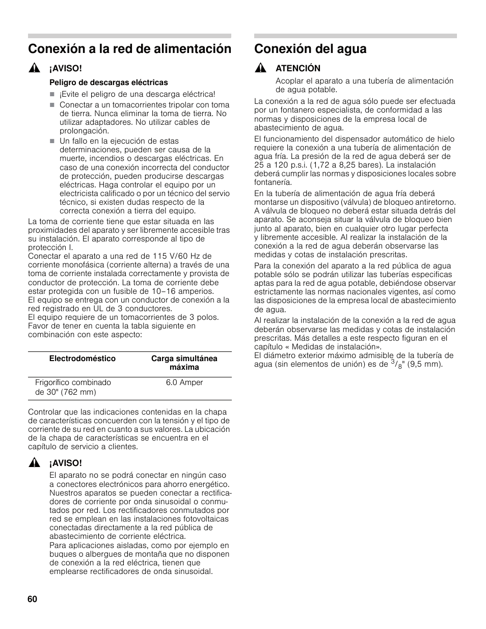 Conexión a la red de alimentación, Conexión del agua | Bosch B30IB800SP User Manual | Page 60 / 82