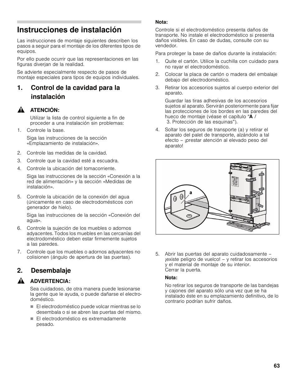 Instrucciones de instalación, Control de la cavidad para la instalación, Desembalaje | Bosch B30IB800SP User Manual | Page 63 / 82